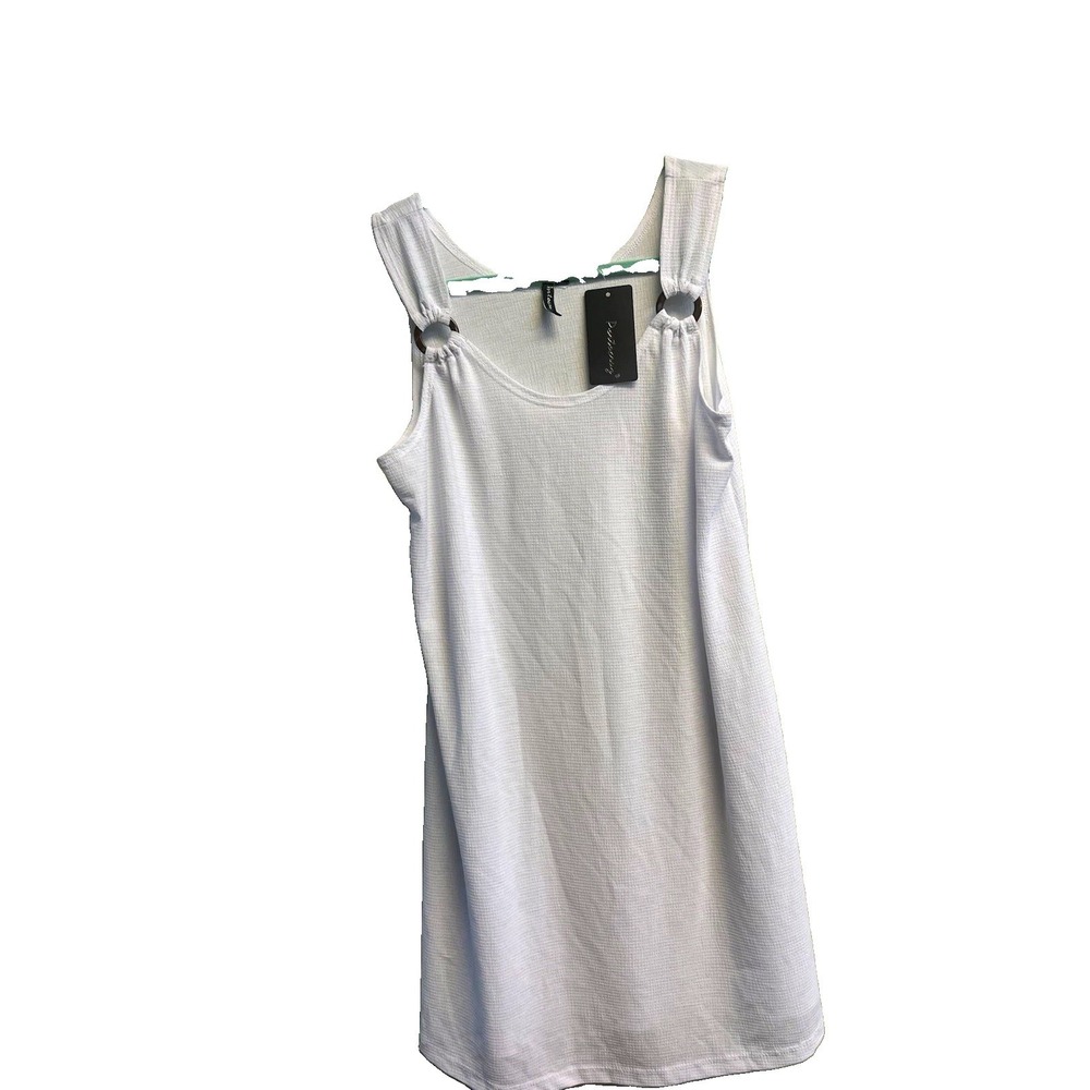 Pontacus Women's White Solid Knit Tank Top Sleeveless Round Neck Ring Accent S
